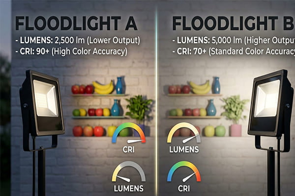 A side-by-side comparison of two identical floodlights, one with a lower lumen output but higher CRI.